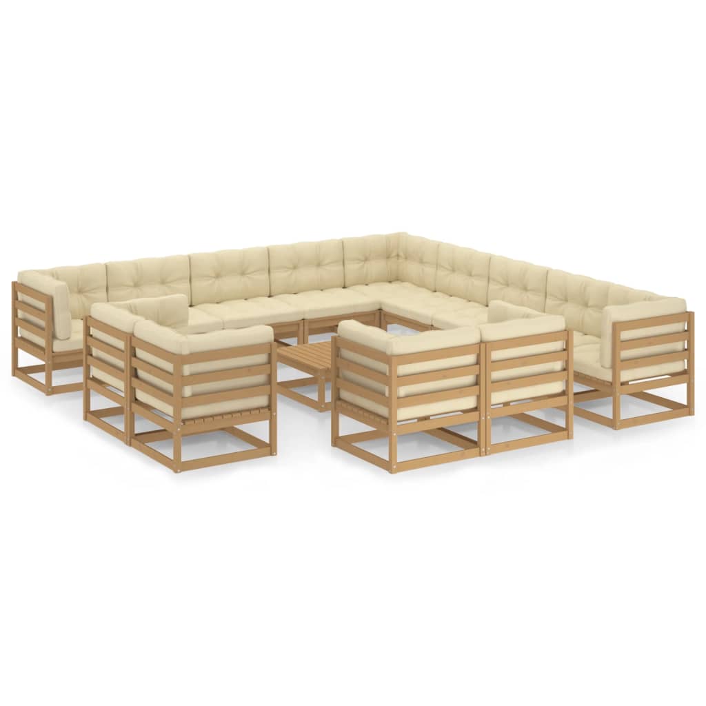 14-tlg. Garten-Lounge-Set Kissen Honigbraun Kiefer Massivholz